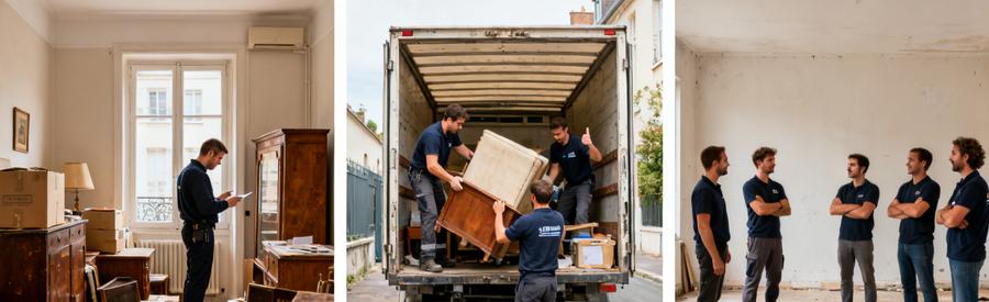 Scènes illustrant le processus de débarras à Vandœuvre-lès-Nancy : évaluation, chargement et espace nettoyé.