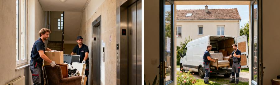 Débarras contrastés à Vandœuvre-lès-Nancy : immeuble sans ascenseur et pavillon avec jardin.