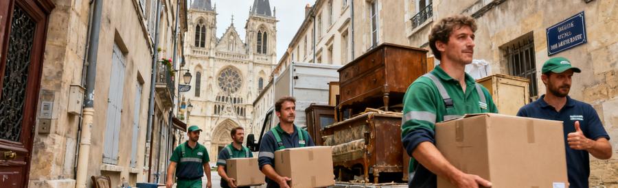 Équipe de débarras portant des cartons dans une ruelle étroite de Vienne, avec la cathédrale en arrière-plan.