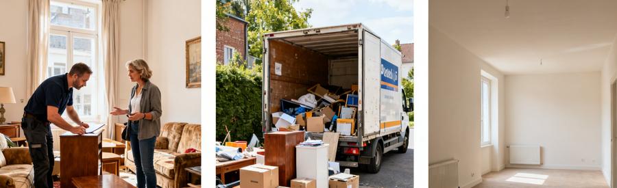 Professionnels à Wattrelos évaluant et débarrant des meubles, montrant le processus d'amélioration de l'espace.