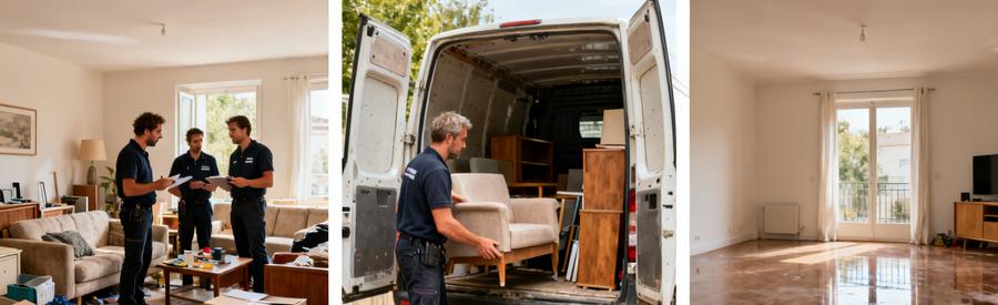 Équipe de débarras évaluant des meubles, chargement dans camionnette, salon vide après débarrassage à Yerres.