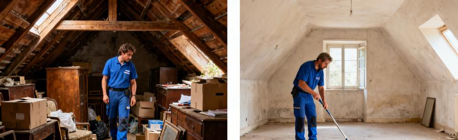 Débarrasseur inspectant un grenier encombré, puis grenier vide et propre après débarras.