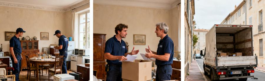 Professionnels du débarras à Aix-en-Provence évaluant objets, chargement camion, salle à manger dégagée.