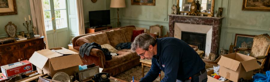 Un professionnel du débarras à Aix-en-Provence évalue des objets dans un salon encombré.