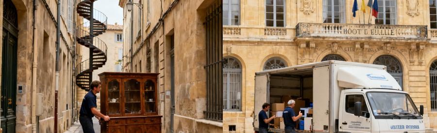 Professionnels du débarras manœuvrant un meuble ancien dans une ruelle étroite d'Aix-en-Provence avec un camion de débarras.