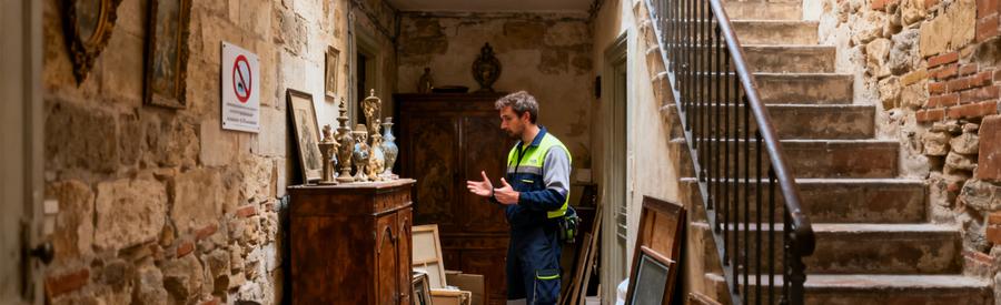 Un professionnel du débarras dans un appartement ancien à Albi, mettant en valeur la complexité du lieu.