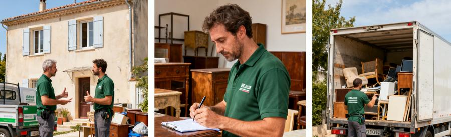 Professionnels du débarras à Alès inspectant et chargeant des objets dans un camion.
