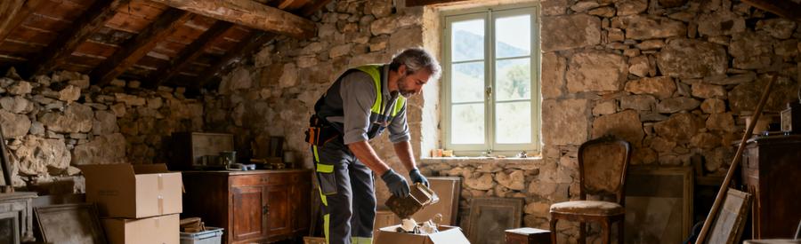 Professionnel triant des objets dans un grenier ancien des Alpes-de-Haute-Provence, entouré de vieux meubles et cartons.