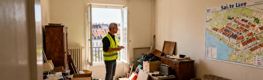 Un débarras professionnel inspecte un appartement encombré au 4e étage à Amiens, avec divers objets anciens.