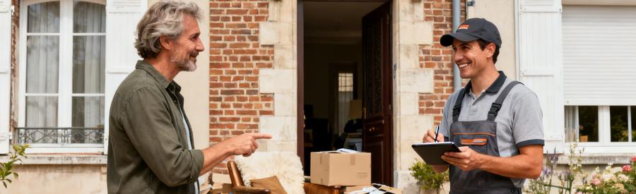 Un professionnel du débarras échange avec un client sur le seuil d'une maison d'Amiens, évaluant des objets à débarrasser.