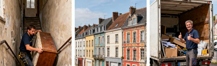 Professionnels débarras en action à Amiens, montrant des difficultés avec des escaliers étroits et des immeubles anciens.