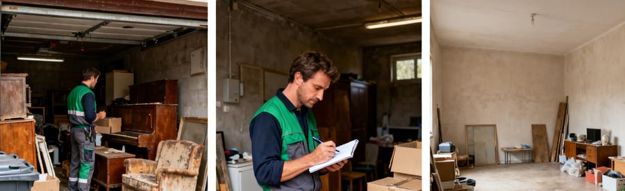 Professionnel du débarras à Annemasse évaluant un garage, prenant des notes et montrant des objets valorisables prétriés.
