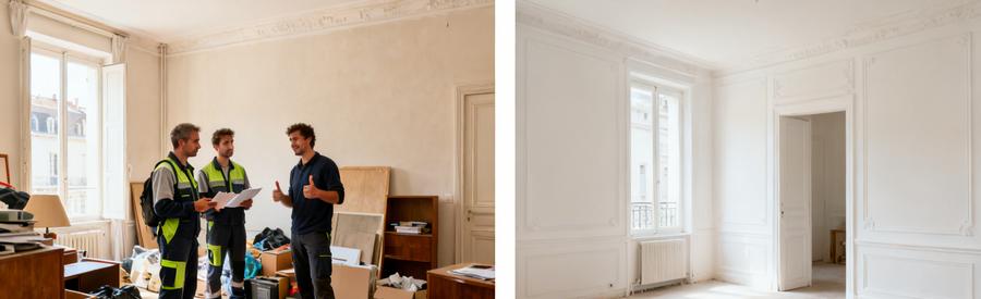 Équipe de débarras inspectant un appartement à Vienne, scènes avant et après le nettoyage.