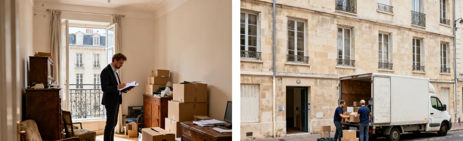 Évaluateurs comparant un appartement encombré et dégagé à Sens, illustrant le processus de débarras professionnel.