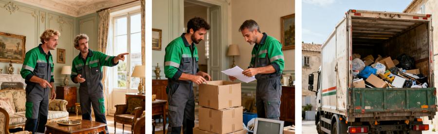 Trois scènes illustrant le processus d'évaluation des objets dans un débarras à Arles, montrant divers professionnels en action.