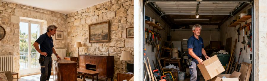 Scène de débarras à Arles montrant un professionnel évaluant des meubles anciens et un garage vidé.