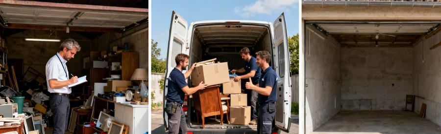 Étapes d'un débarras Aube : évaluation des objets, chargement dans camion, garage propre après intervention.