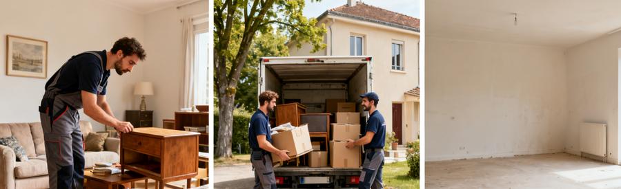 Trois scènes illustrant le processus de débarras à Bagnols-sur-Cèze, de l'évaluation au chargement et au résultat final.