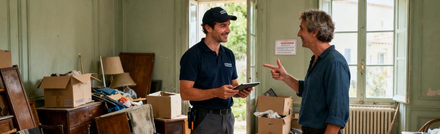 Professionnel du débarras évaluant des meubles avec un client dans une pièce encombrée à Bagnols-sur-Cèze.