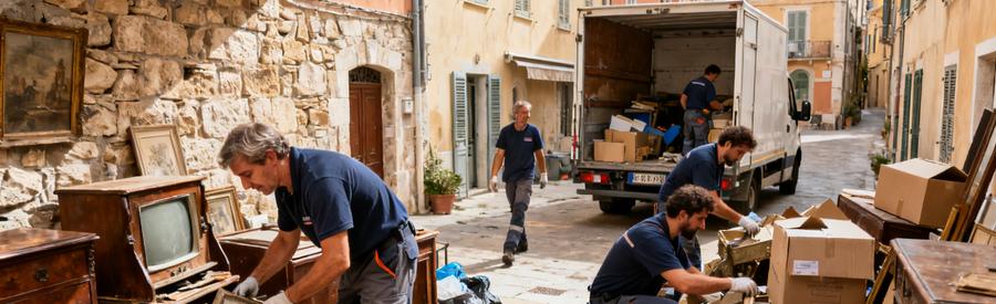Professionnels triant des objets dans un grenier d’un appartement ancien à Bastia, illustrant le débarras.