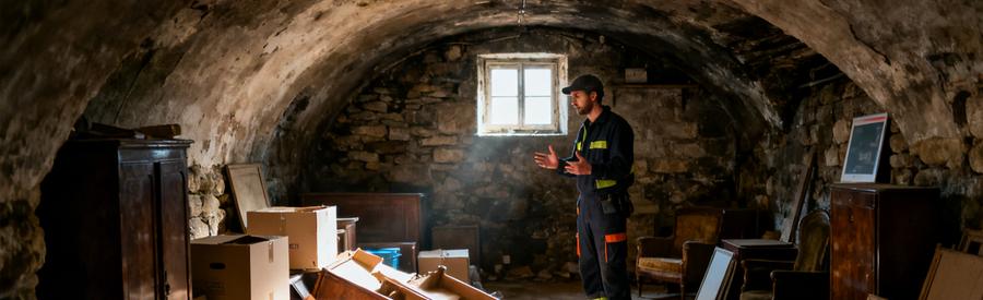 Professionnel du débarras inspectant une cave voûtée avec des objets anciens à Belfort.