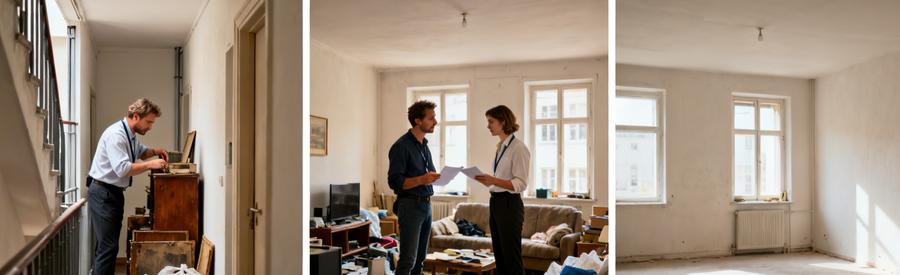 Débarrasseur inspectant un appartement en étage, avec une scène avant et après le débarras pour illustrer le processus.