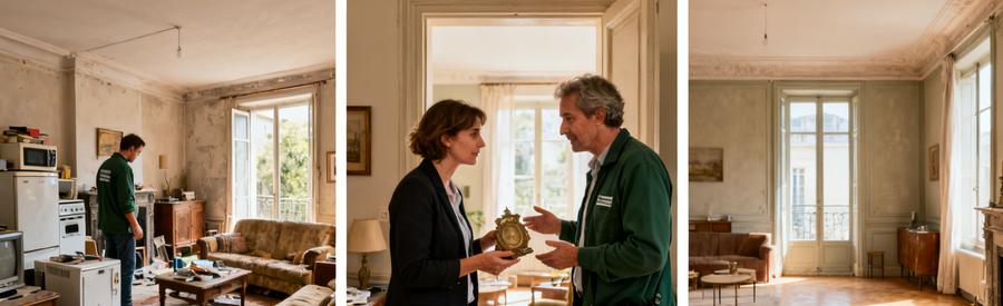 Débarrasseur et client inspectant des objets dans un salon avant le débarras, puis salon vidé.