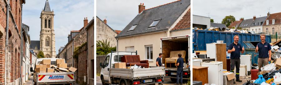 Scène de débarras à Béthune avec rues étroites, professionnel transportant des cartons et déchetterie.