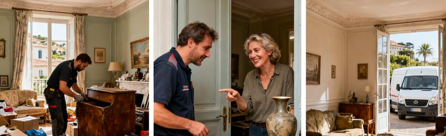 Débarrasseur inspectant des objets de valeur, discussion avec un client et salon débarrassé à Biarritz.