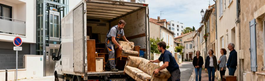 Professionnels du débarras dans un appartement moderne à Blagnac et un vieux canapé dans une ruelle étroite.