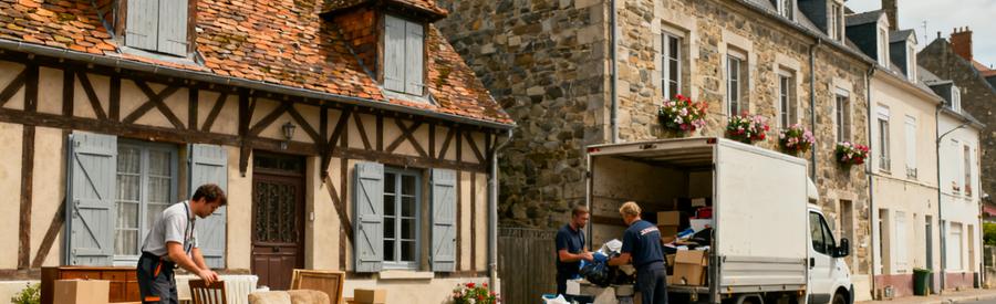 Professionnels du débarras à Boulogne-sur-Mer devant une maison, chargement de meubles dans camionnette.