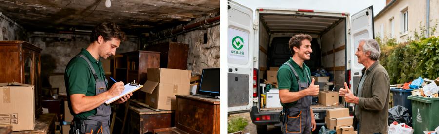Professionnel évaluant les objets à évacuer dans une cave et discutant avec un client satisfait près d'une camionnette.