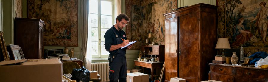 Un professionnel inspecte un appartement ancien à Bourgoin-Jallieu, entouré de cartons et de meubles anciens.