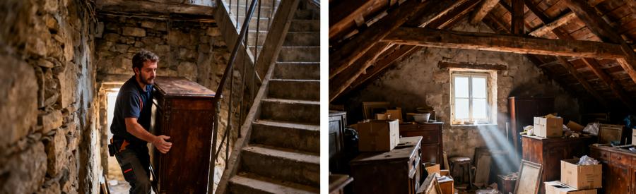 Débarrasseur sortant un meuble d'une cave étroite à Brive-la-Gaillarde et grenier encombré de vieux objets.