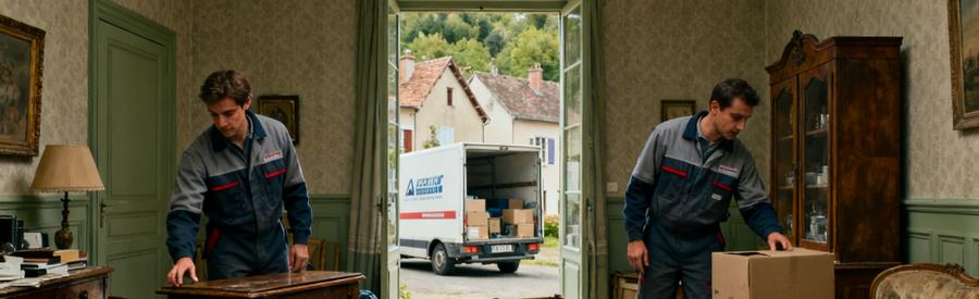 Scène de débarras à Brive-la-Gaillarde avec des professionnels triant des meubles dans un salon encombré.