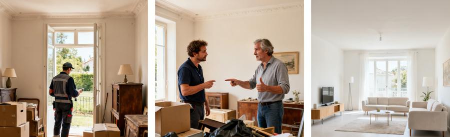 Un professionnel évalue des objets à évacuer dans une maison à Brunoy, puis l'espace vidé est transformé en un endroit lumineux.