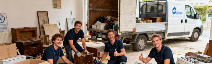 Débarras professionnel à Caen, débarrasseurs triant des objets dans une pièce encombrée avec une camionnette à l'arrière-plan.