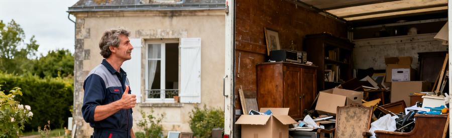 Professionnel du débarras observant un logement encombré dans le Calvados, prêt à intervenir pour désencombrer.