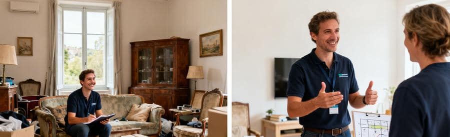 Un professionnel et un client discutent dans un salon encombré, lors d'une visite d'évaluation pour un débarras.