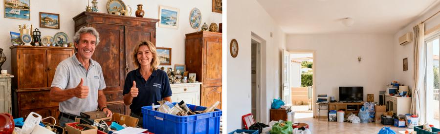 Scène de débarras à Canet-en-Roussillon avec tri d'objets et espace dégagé, illustrant le processus de désencombrement.