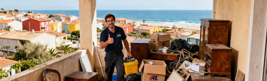 Professionnel du débarras dans une maison de Canet-en-Roussillon, vide de vieux objets, vue sur la mer en arrière-plan.