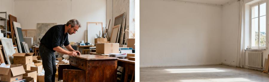 Un débarras professionnel dans un studio à Castelnau-le-Lez, avant et après avec des meubles et objets triés.
