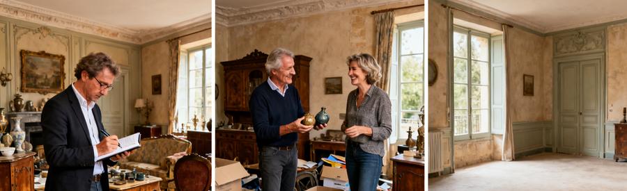 Évaluation des objets dans un salon à Castelnaudary, avant et après le débarras, montrant satisfaction du client.
