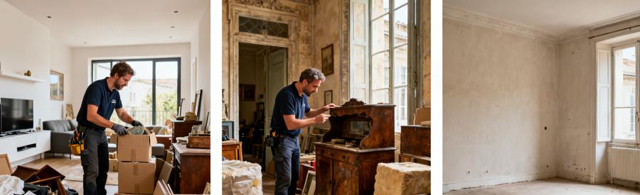 Professionnels du débarras à Castres triant des objets dans un appartement moderne et une maison ancienne, montrant le processus avant/après.