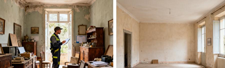 Comparaison d'un logement avant et après un débarras à Cavaillon, montrant le professionnalisme et le résultat final.