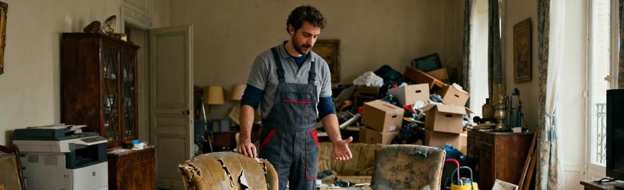 Un professionnel examine des objets dans un salon encombré à Cenon, montrant le défi du débarras.