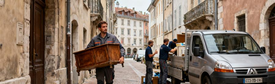 Débarrassage professionnel dans les ruelles de Chambéry, avec des meubles portés manuellement et une camionnette adaptée.