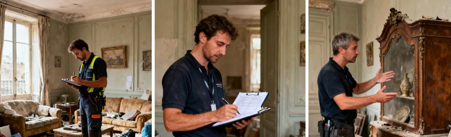 Trois étapes du débarras à Charleville-Mézières avec des professionnels évaluant et planifiant l'intervention.
