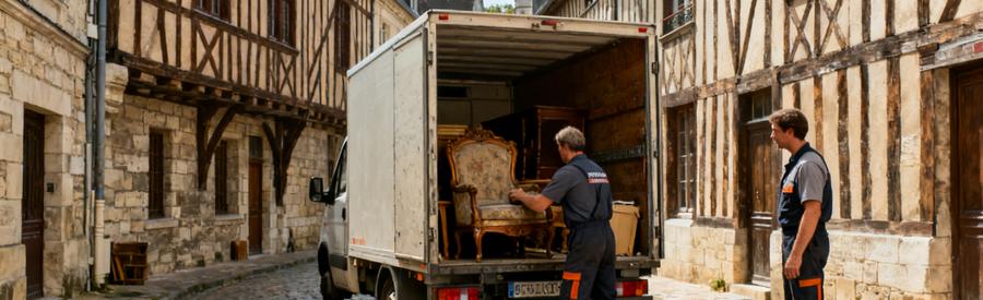 Débarras professionnel à Chartres avec des travailleurs à l'œuvre dans une ruelle pavée, maisons à colombages en arrière-plan.