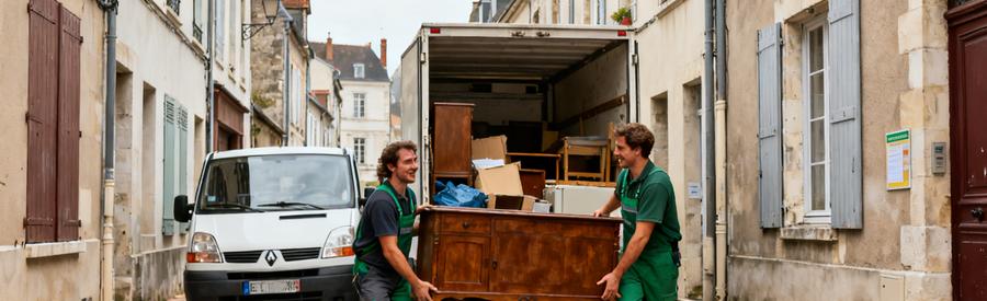 Débarrasseurs transportant des meubles dans les rues étroites de Châteauroux, avec une camionnette adaptée en arrière-plan.